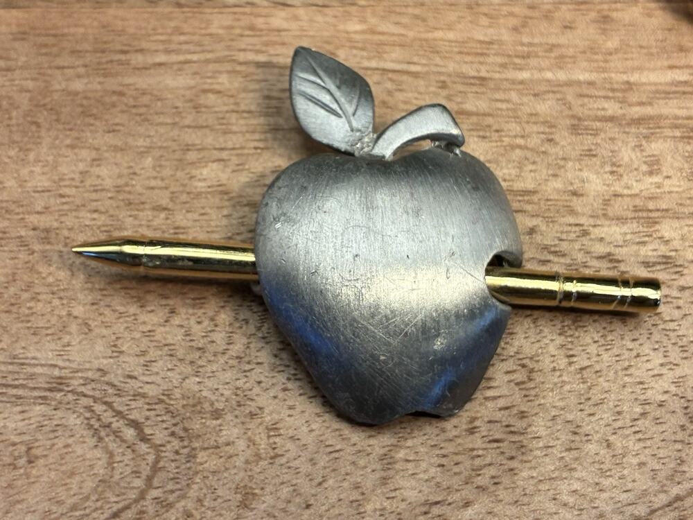 Vintage Ultra Craft Apple Pencil Pin Brooch Silver Gold Tone Teacher Jewelry
